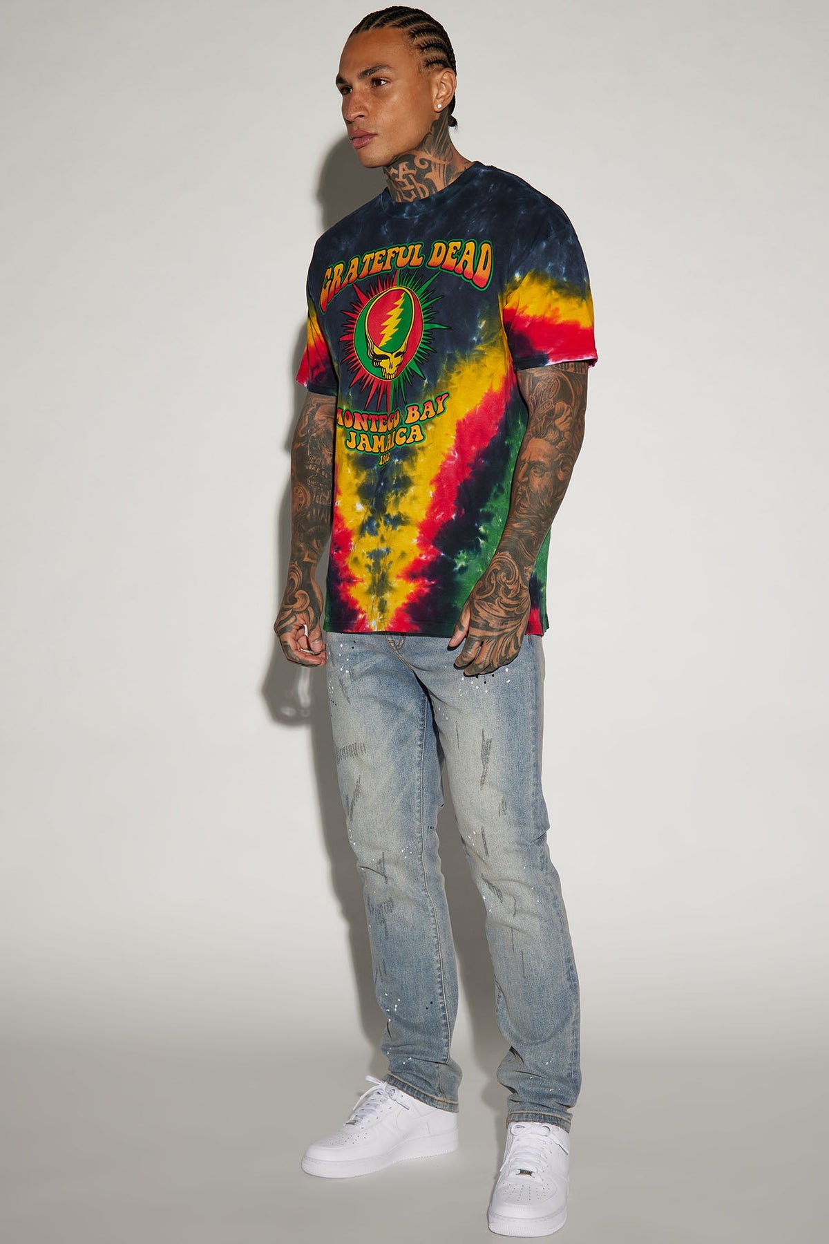 Elan de Paris™ Ripped And Bleach Splatter Slim Jeans - Light Blue Wash