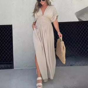 bat-sleeve v-neck dress