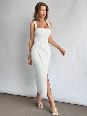 Firerie Women Square Neckline Ruched Waist Slit Dress, Elegant & Suitable for Vacation, Daily Wear or Wedding Season,Summer Dresses for Women,Tea Party Dress,White Graduation Dress