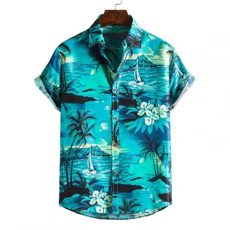 2021 Summer New Fashion Casual Men Stripes/Tree Printed Short Sleeve Turn-Down Collar Slim Hawaiian Shirt Beachwear for Travel
