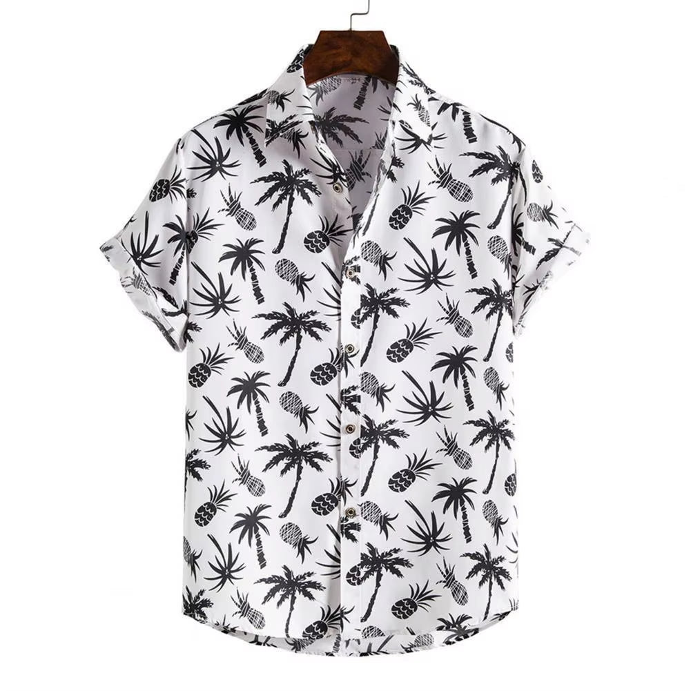 2021 Summer New Fashion Casual Men Stripes/Tree Printed Short Sleeve Turn-Down Collar Slim Hawaiian Shirt Beachwear for Travel