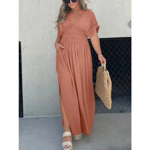 bat-sleeve v-neck dress