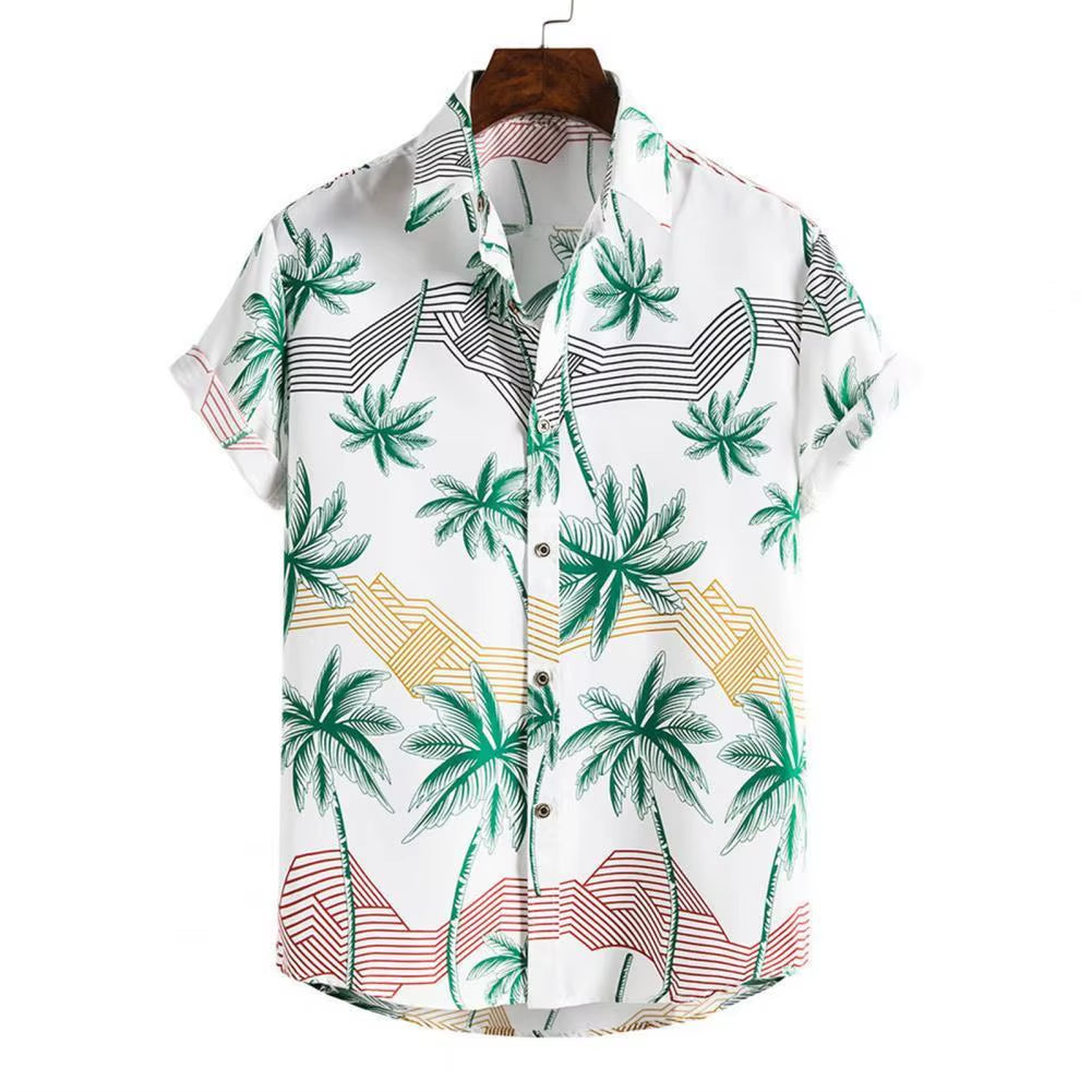 2021 Summer New Fashion Casual Men Stripes/Tree Printed Short Sleeve Turn-Down Collar Slim Hawaiian Shirt Beachwear for Travel