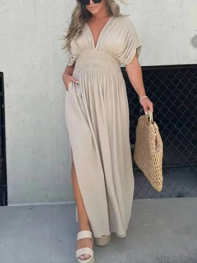 bat-sleeve v-neck dress
