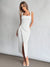 Firerie Women Square Neckline Ruched Waist Slit Dress, Elegant & Suitable for Vacation, Daily Wear or Wedding Season,Summer Dresses for Women,Tea Party Dress,White Graduation Dress