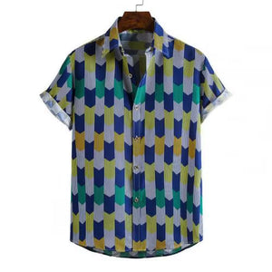 2021 Summer New Fashion Casual Men Stripes/Tree Printed Short Sleeve Turn-Down Collar Slim Hawaiian Shirt Beachwear for Travel